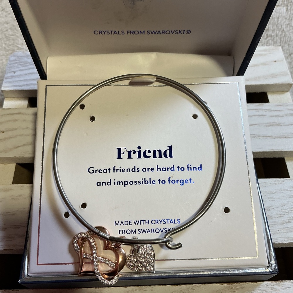Swarovski Rose Gold & Silver Heart Charm Bangle Bracelet